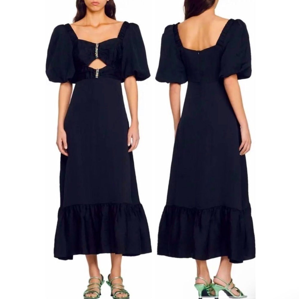 NWT SANDRO Falbala Rhinestone Embellished Cutout Midi Dress Black 6